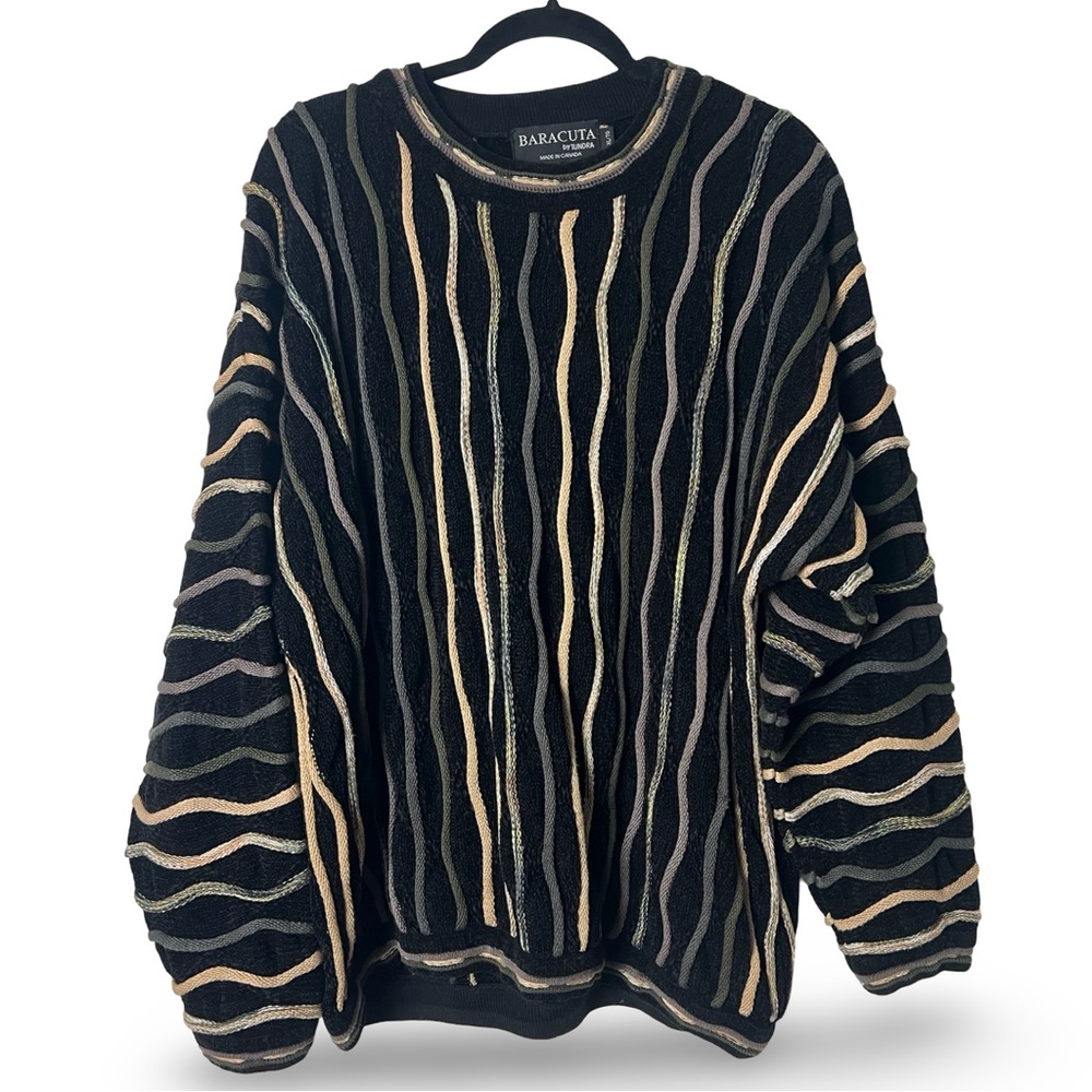 VTG Men’s 90s Baracuta by Tundra 3D Textured‎ Knit Sweater Black Neutral XL